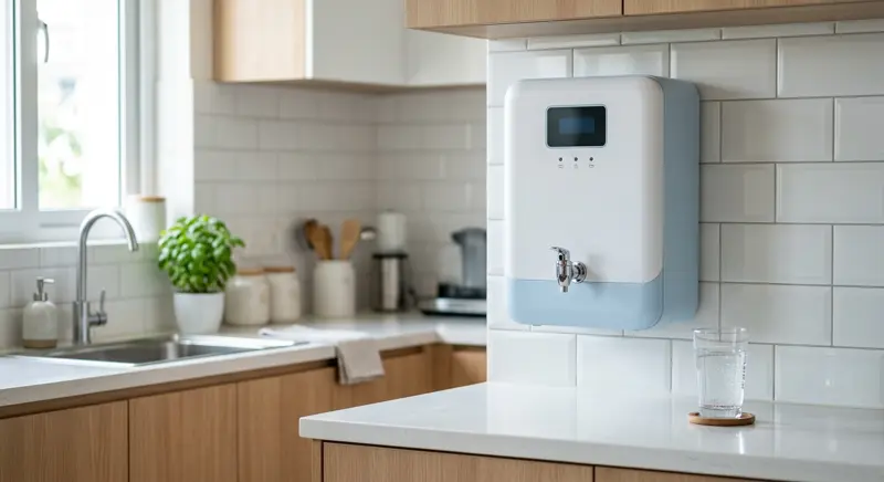 Modern wall-mounted RO water purifier in a clean Indian kitchen