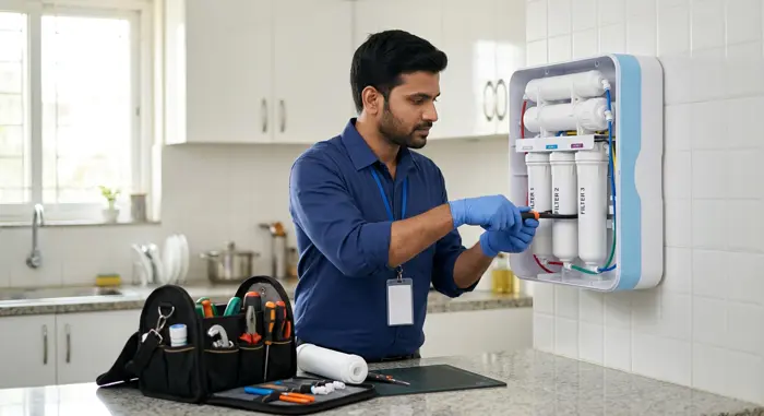 AquaDoctor technician repairing a water purifier in a home kitchen